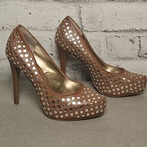 BCBGeneration Brown Cutout Metallic Heels – 5” Stiletto Party Pumps 7.5